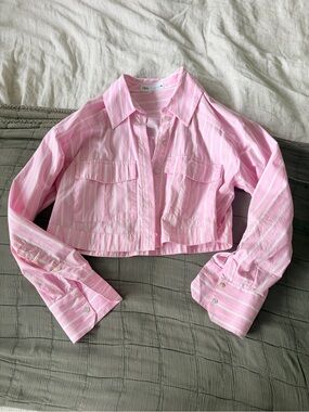 Zara Pink and White Striped Cropped Shirt Jacket